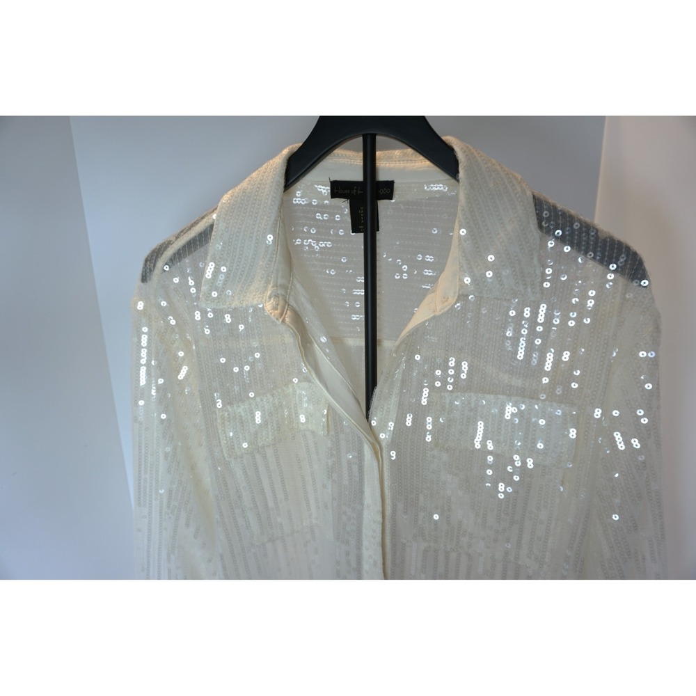 House of Harlow 1960 White Sequin Mesh Button Down Shirt Small Striped Party Top - Picture 2 of 7